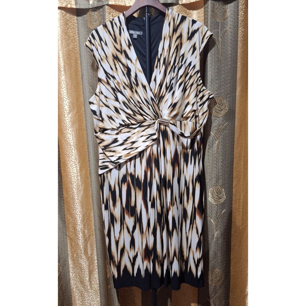 Roz & Ali Plus Size 18W Faux Wrap Ikat Animal Print Sheath Dress - Gold Accent